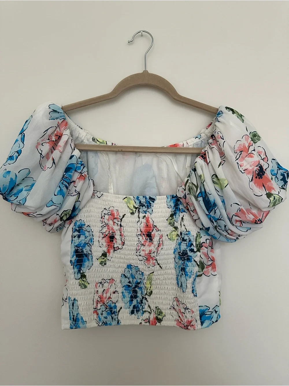 Floral Puff Sleeve Top - White with Blue & Pink Floral - Abercrombie